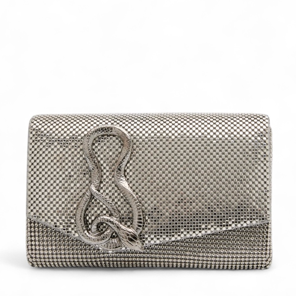Whiting & Davis Ava Serpent Snake Silver Metal Mesh Purse Chain Strap Clutch